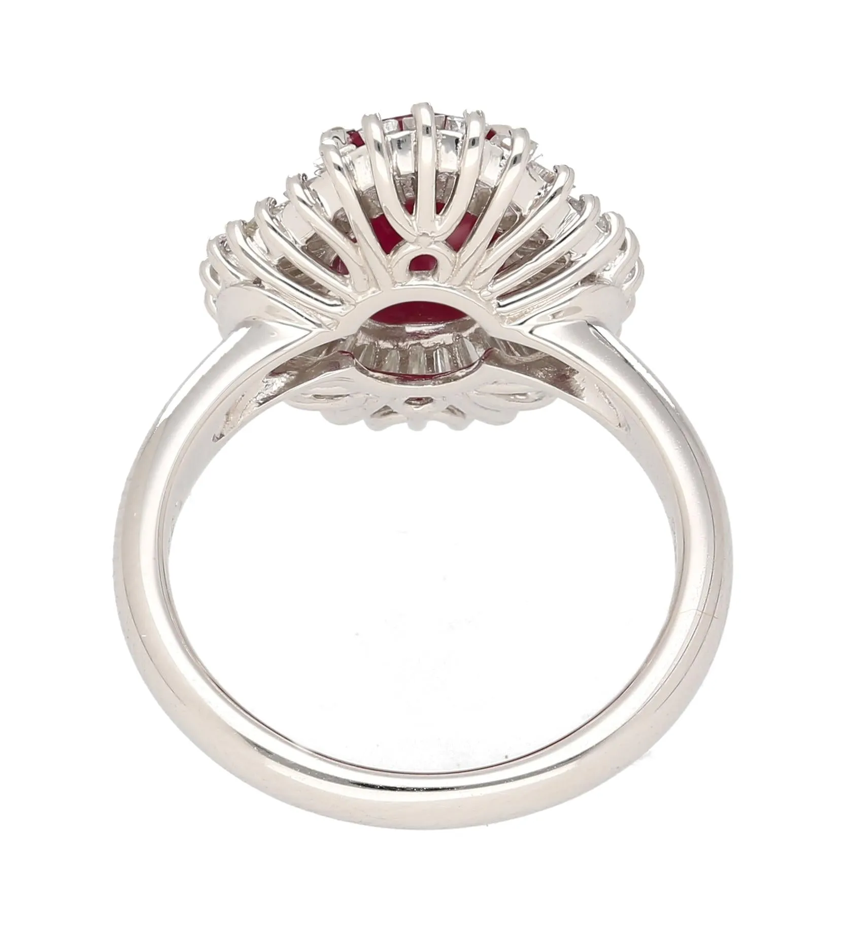 2.19 Carat Oval Cut Ruby and Baguette Diamond Halo Platinum Ballerina Ring