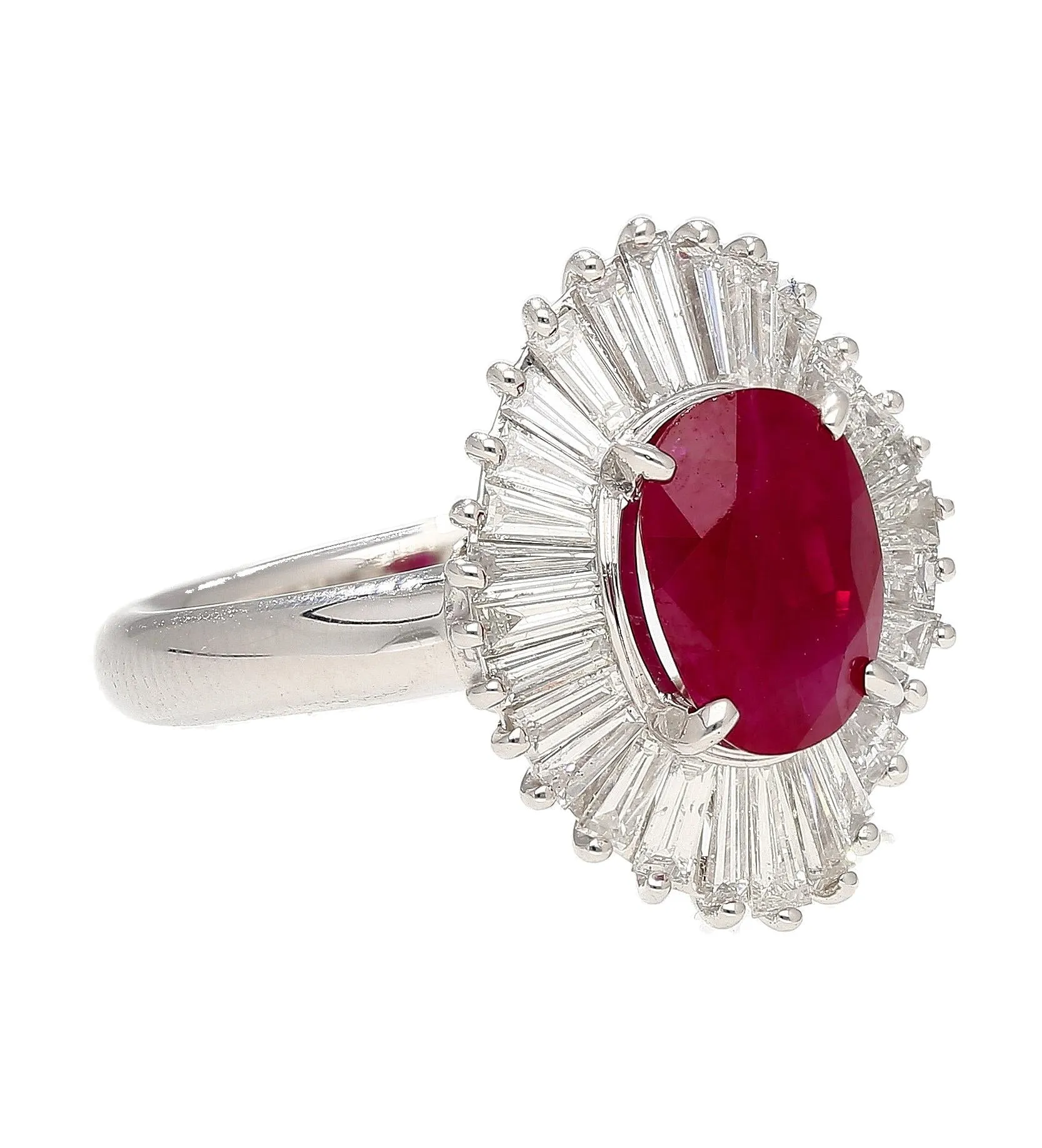 2.19 Carat Oval Cut Ruby and Baguette Diamond Halo Platinum Ballerina Ring