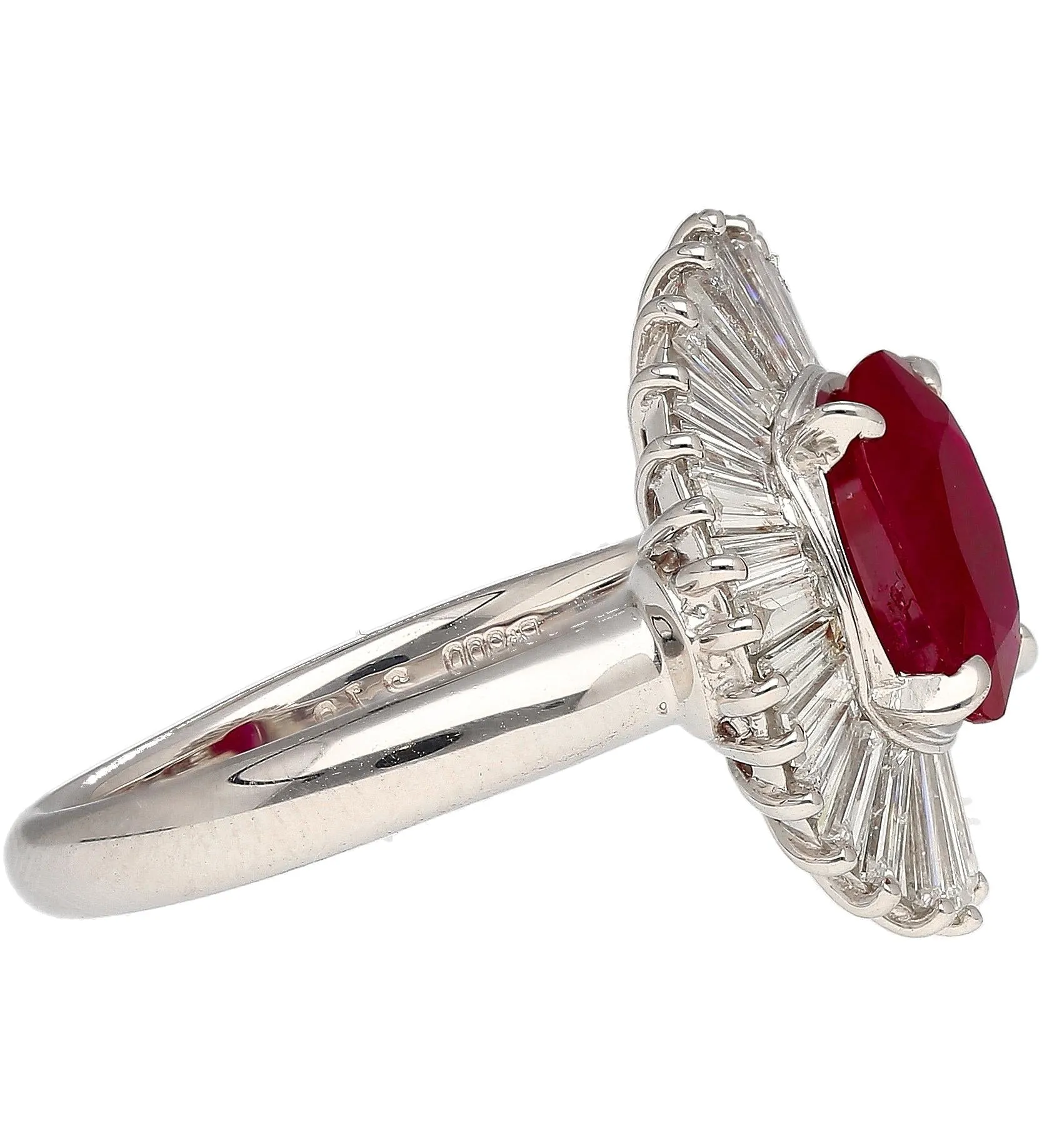 2.19 Carat Oval Cut Ruby and Baguette Diamond Halo Platinum Ballerina Ring