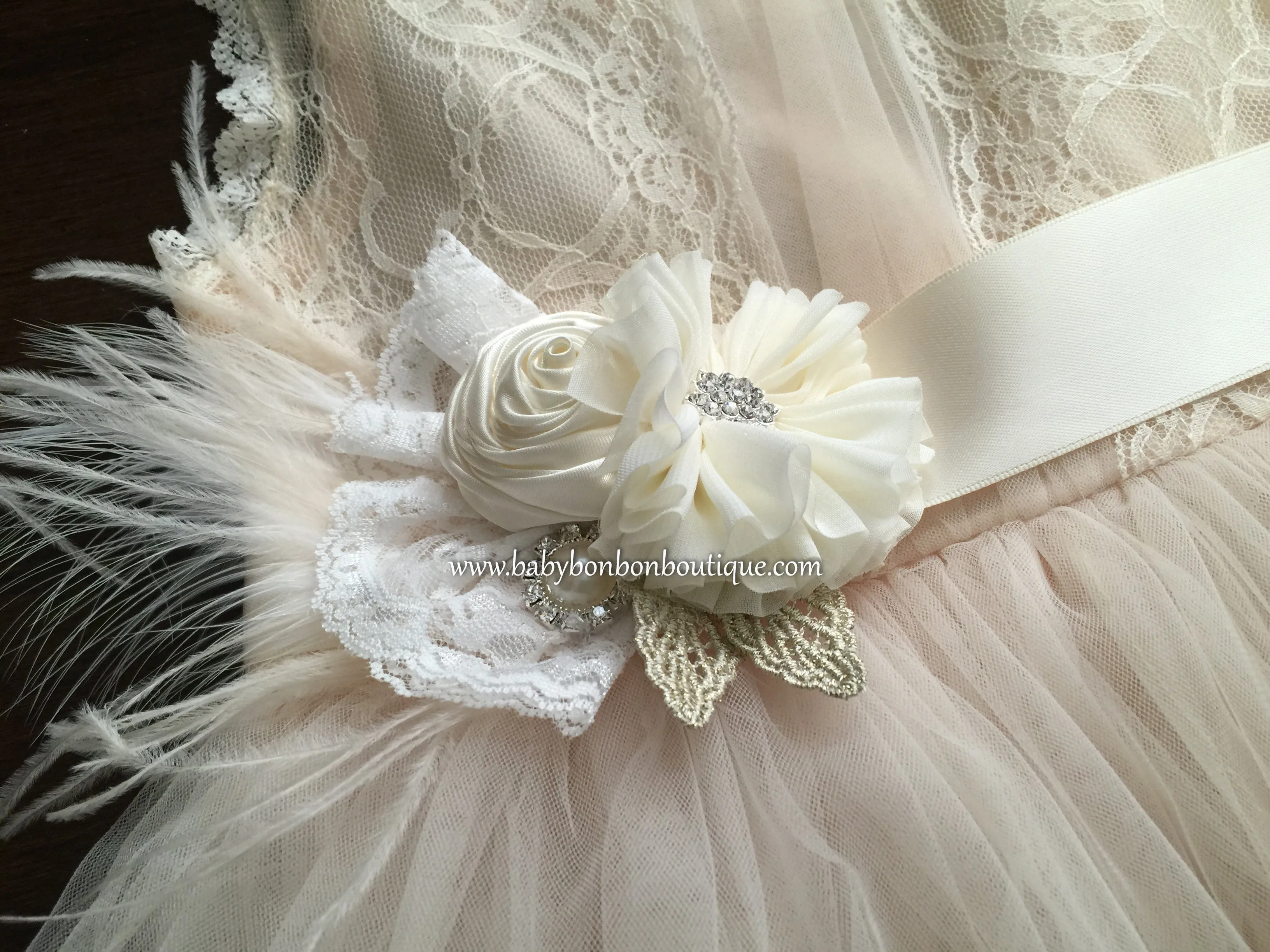 Ivory Baby Baptism Rosette Headband, Sash, and Barefoot Sandals