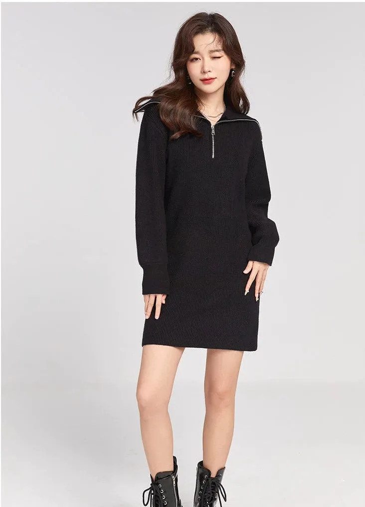 Knit Sweater Dress with Quarter-Zip Collar Detail